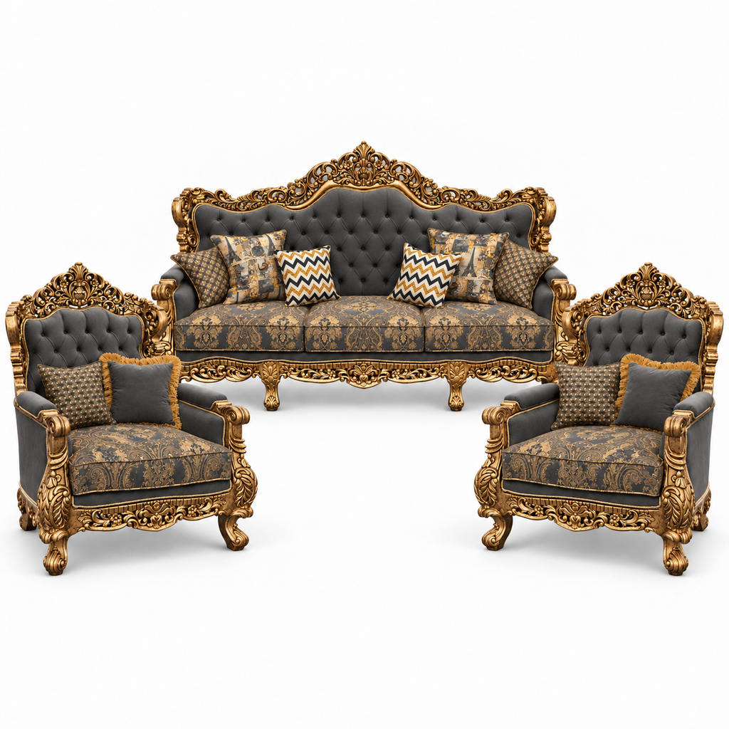 Akbar Imperial 3+1+1 bundle — Golden Antique — one 3 seater and two armchairs — Charcoal / Gold fabric