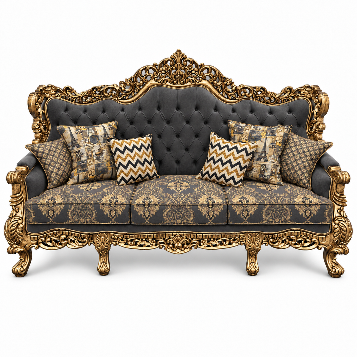 Akbar Imperial 3 seater — Golden Antique — Charcoal / Gold fabric