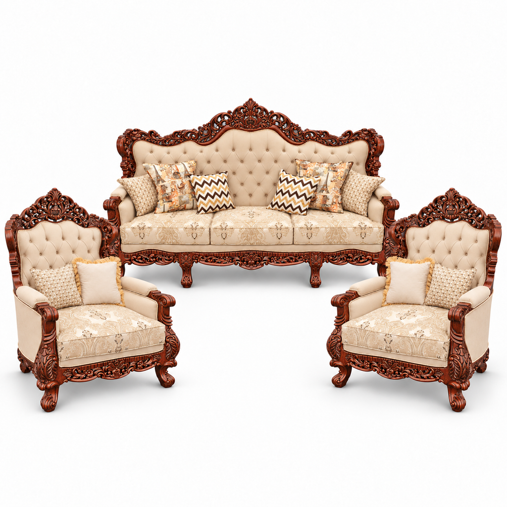 Akbar Imperial 3+1+1 bundle — Natural Double Tone — one 3 seater and two armchairs — Warm Beige / Champagne fabric