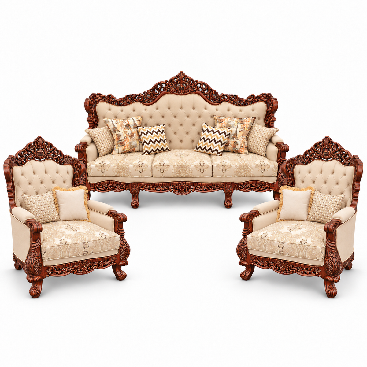 Akbar Imperial 3+1+1 bundle — Natural Double Tone — one 3 seater and two armchairs — Warm Beige / Champagne fabric