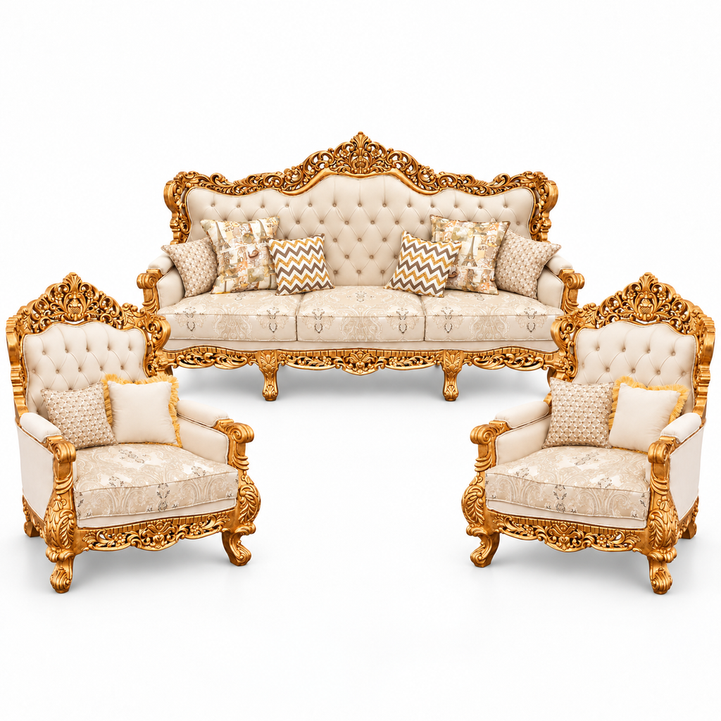 Akbar Imperial 3+1+1 bundle — Pure Gold — one 3 seater and two armchairs — Ivory / Champagne fabric