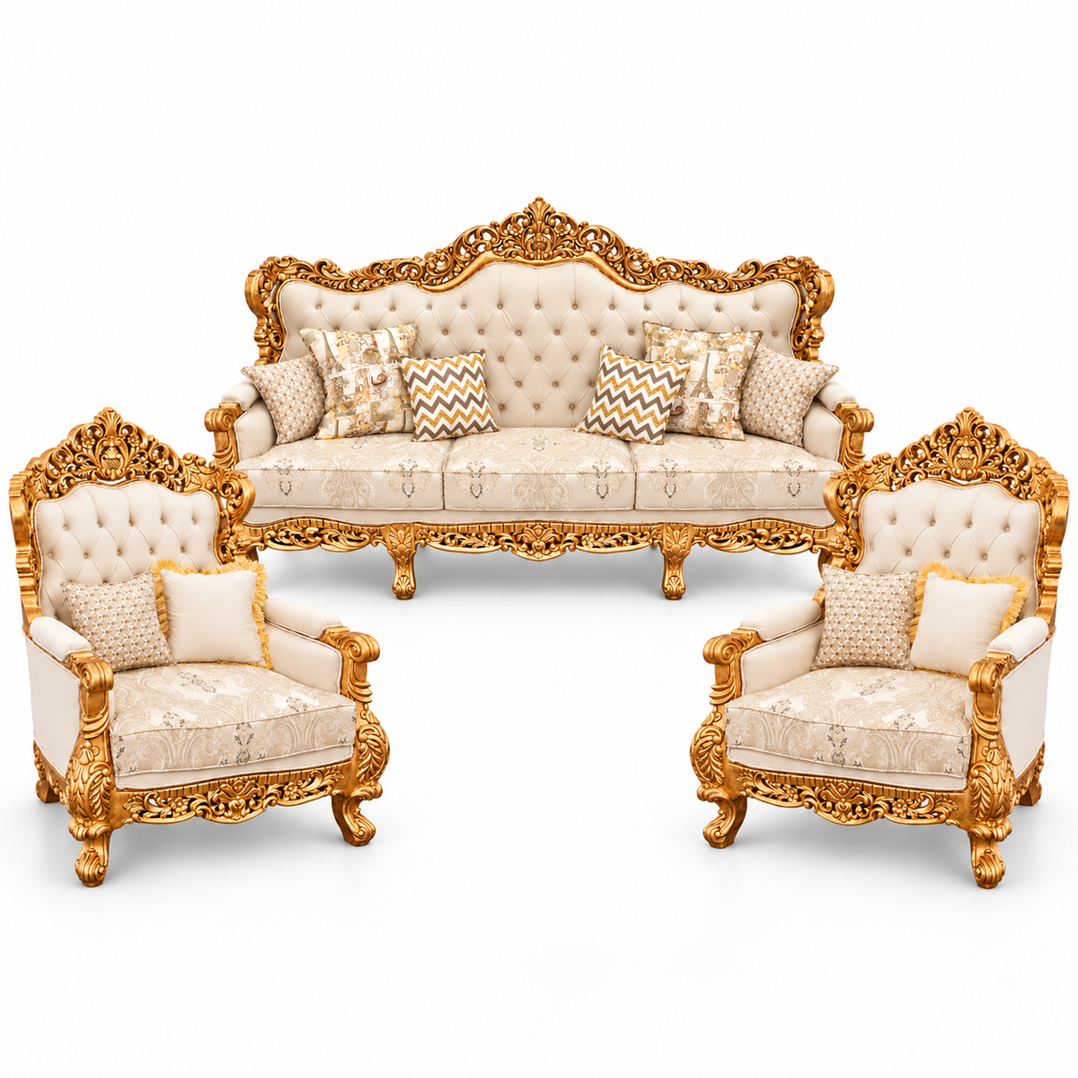 Akbar Imperial 3+1+1 bundle — Pure Gold — one 3 seater and two armchairs — Ivory / Champagne fabric
