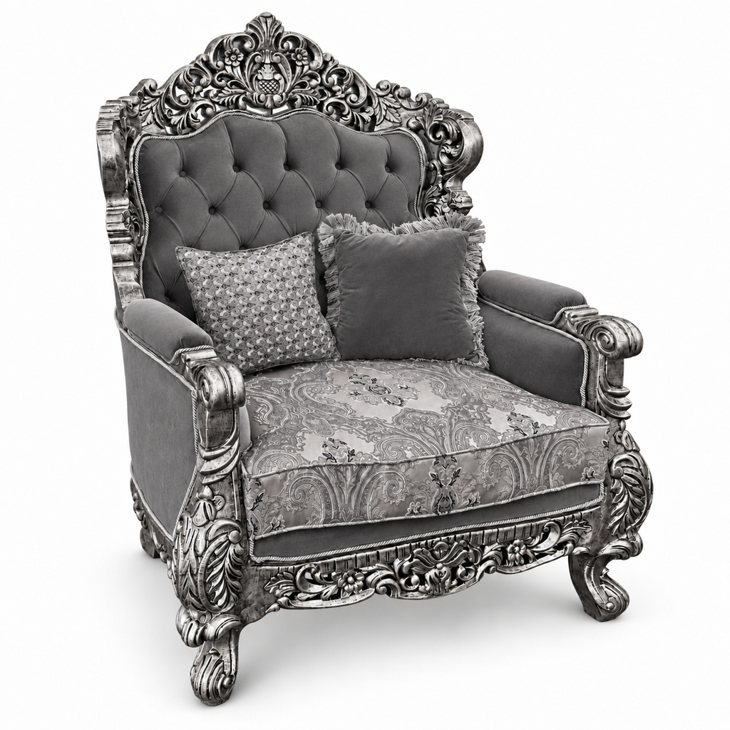 Akbar Imperial 1 seater — Silver Antique — Charcoal / Silver fabric