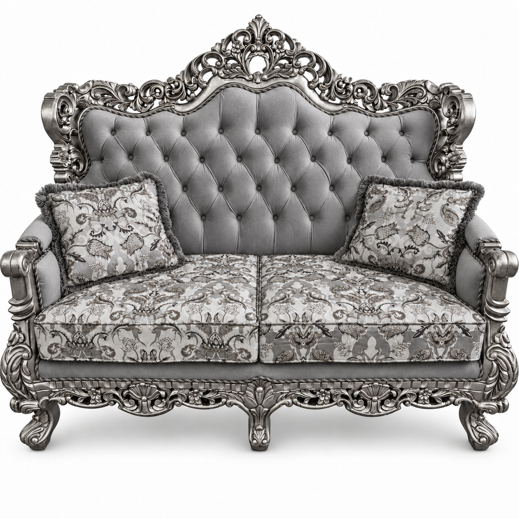 Akbar Imperial 2 seater — Silver Antique — Charcoal / Silver fabric