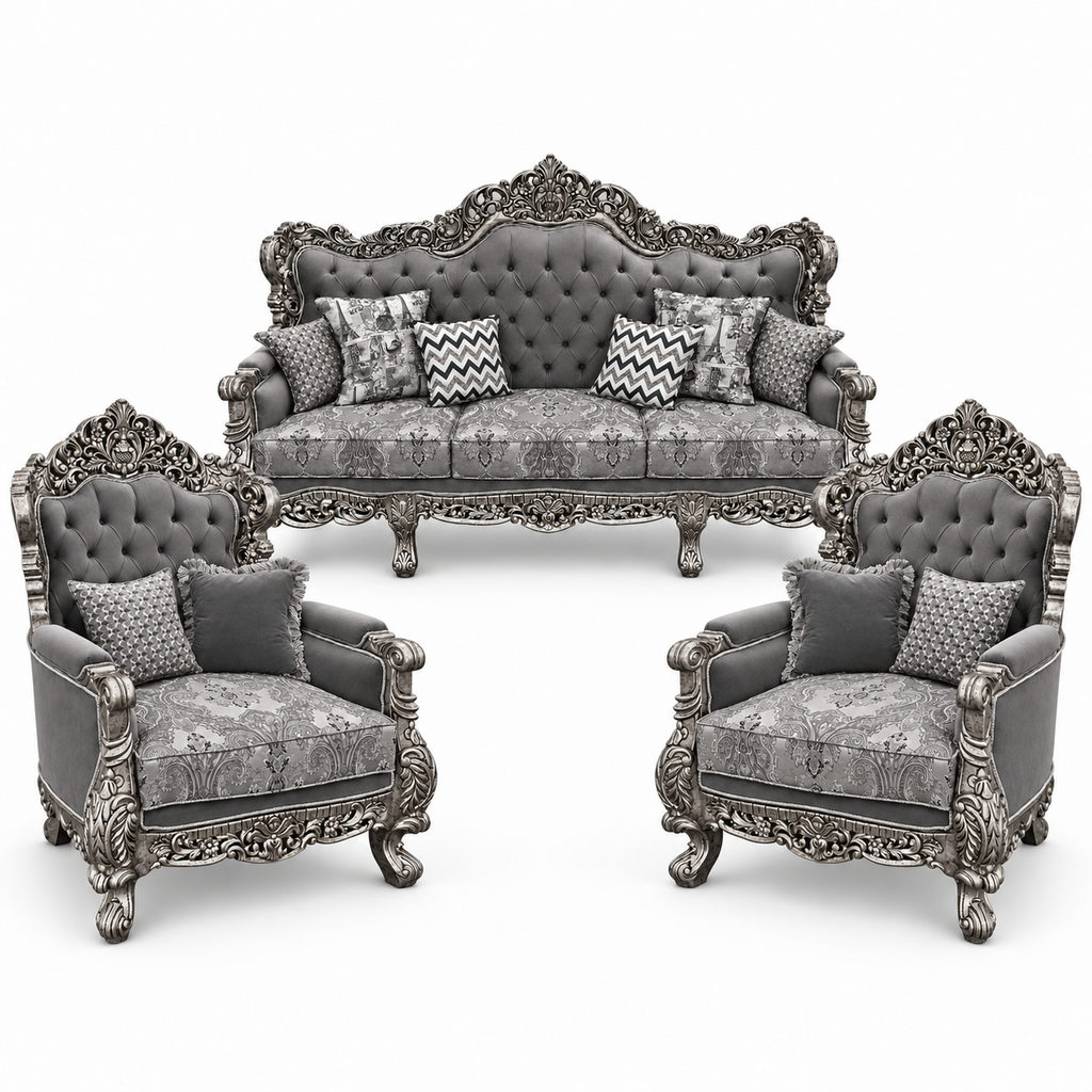 Akbar Imperial 3+1+1 bundle — Silver Antique — one 3 seater and two armchairs — Charcoal / Silver fabric