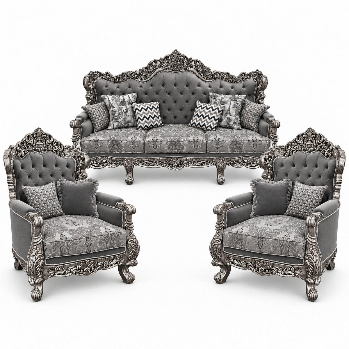 Akbar Imperial 3+1+1 bundle — Silver Antique — one 3 seater and two armchairs — Charcoal / Silver fabric