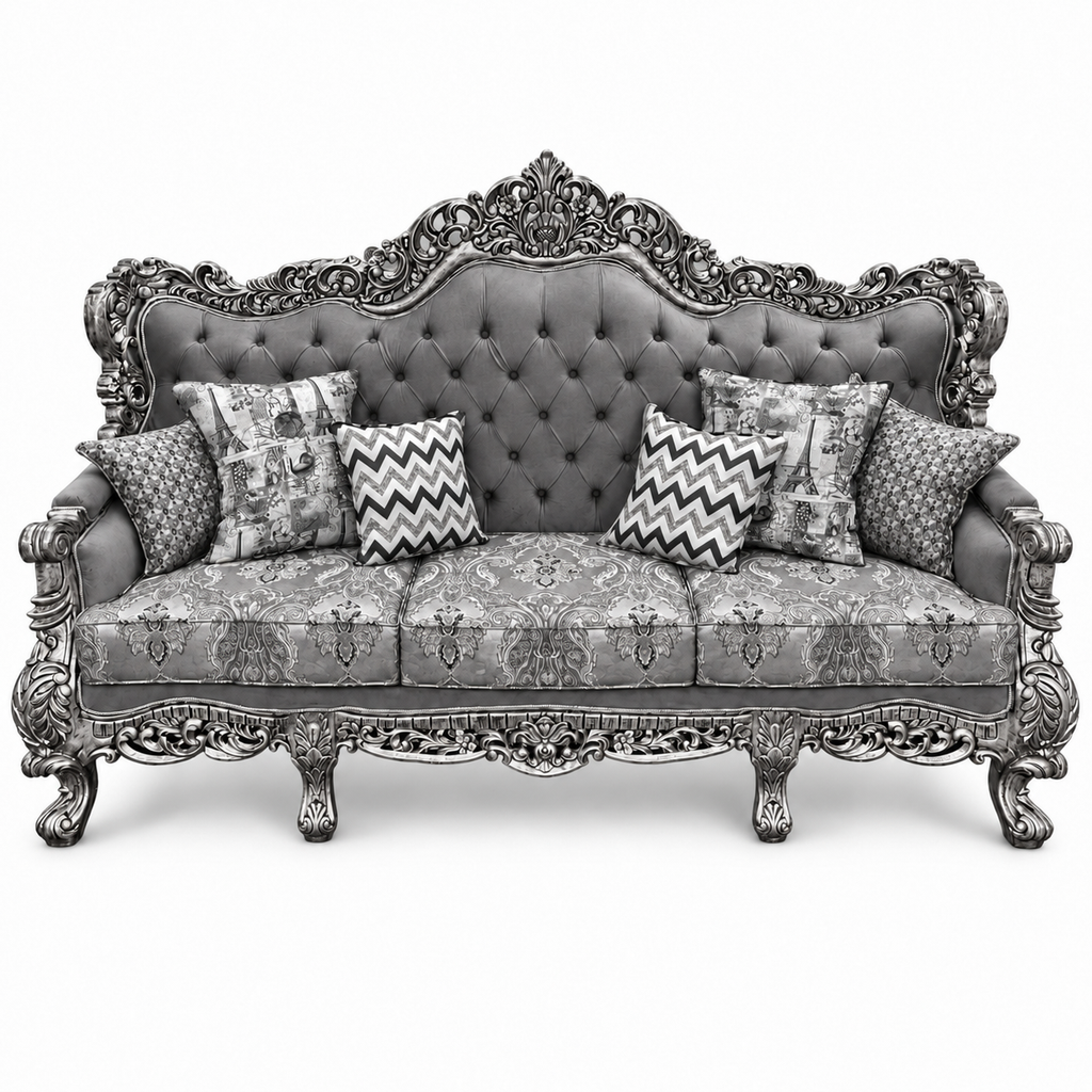 Akbar Imperial 3 seater — Silver Antique — Charcoal / Silver fabric