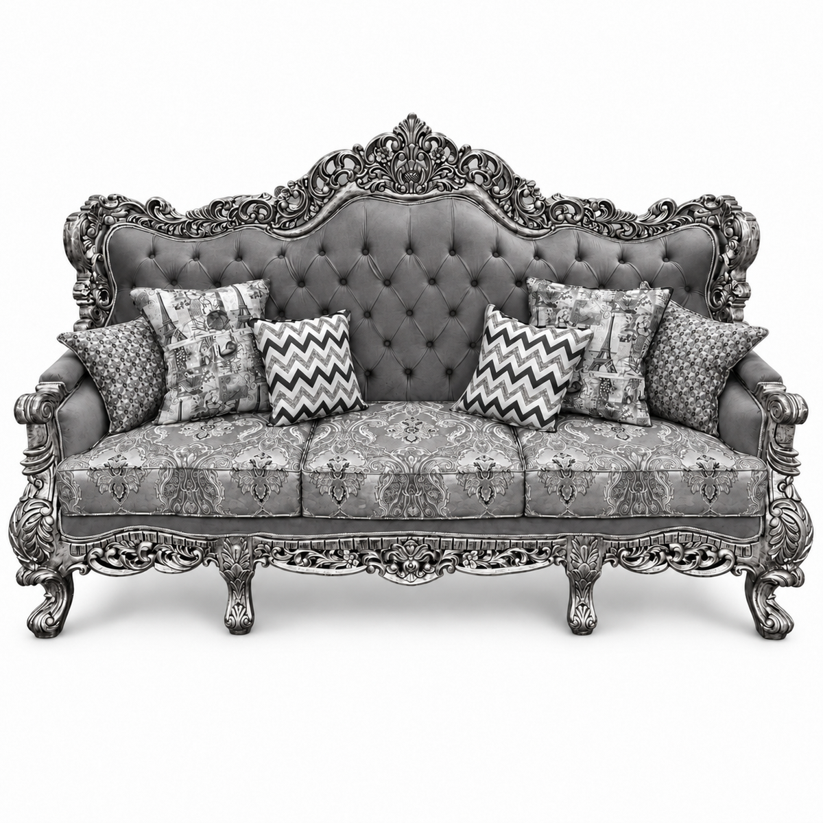 Akbar Imperial 3 seater — Silver Antique — Charcoal / Silver fabric