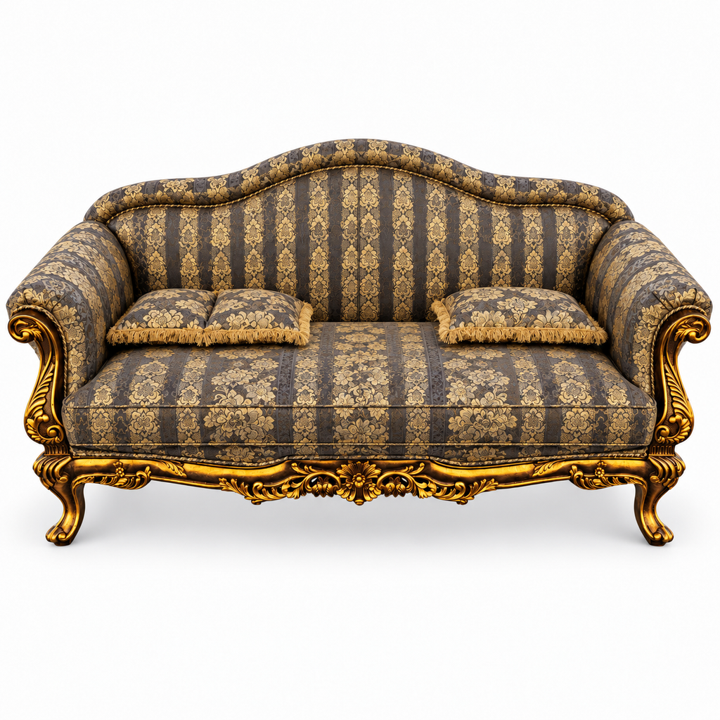Amira 3 Seater Sofa – Golden Antique with Charcoal / Gold fabric