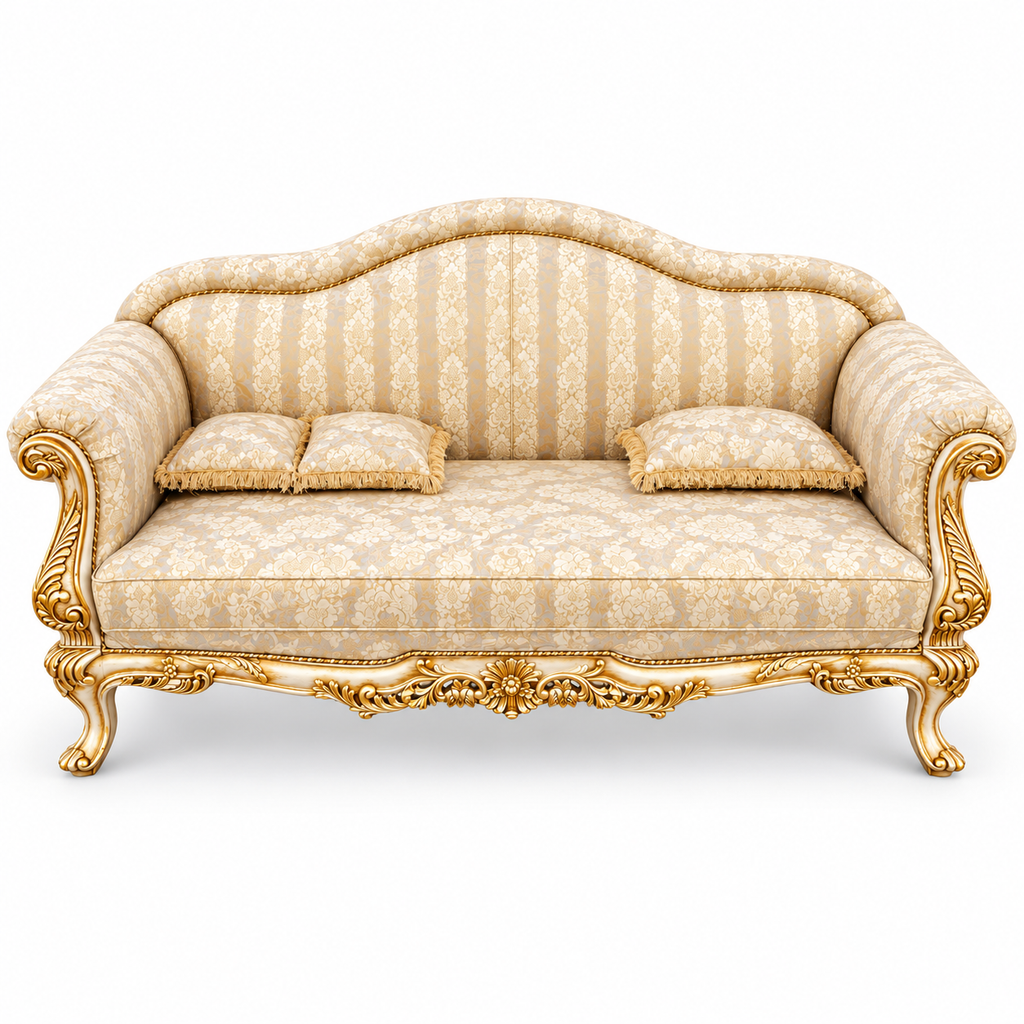 Amira 3 Seater Sofa – White Gold with Ivory / Gold fabric