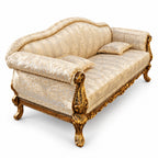 Amira 3 Seater Sofa – original Golden Antique, side view with cream and gold fabric