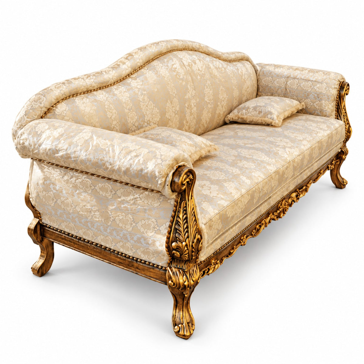 Amira 3 Seater Sofa – original Golden Antique, side view with cream and gold fabric