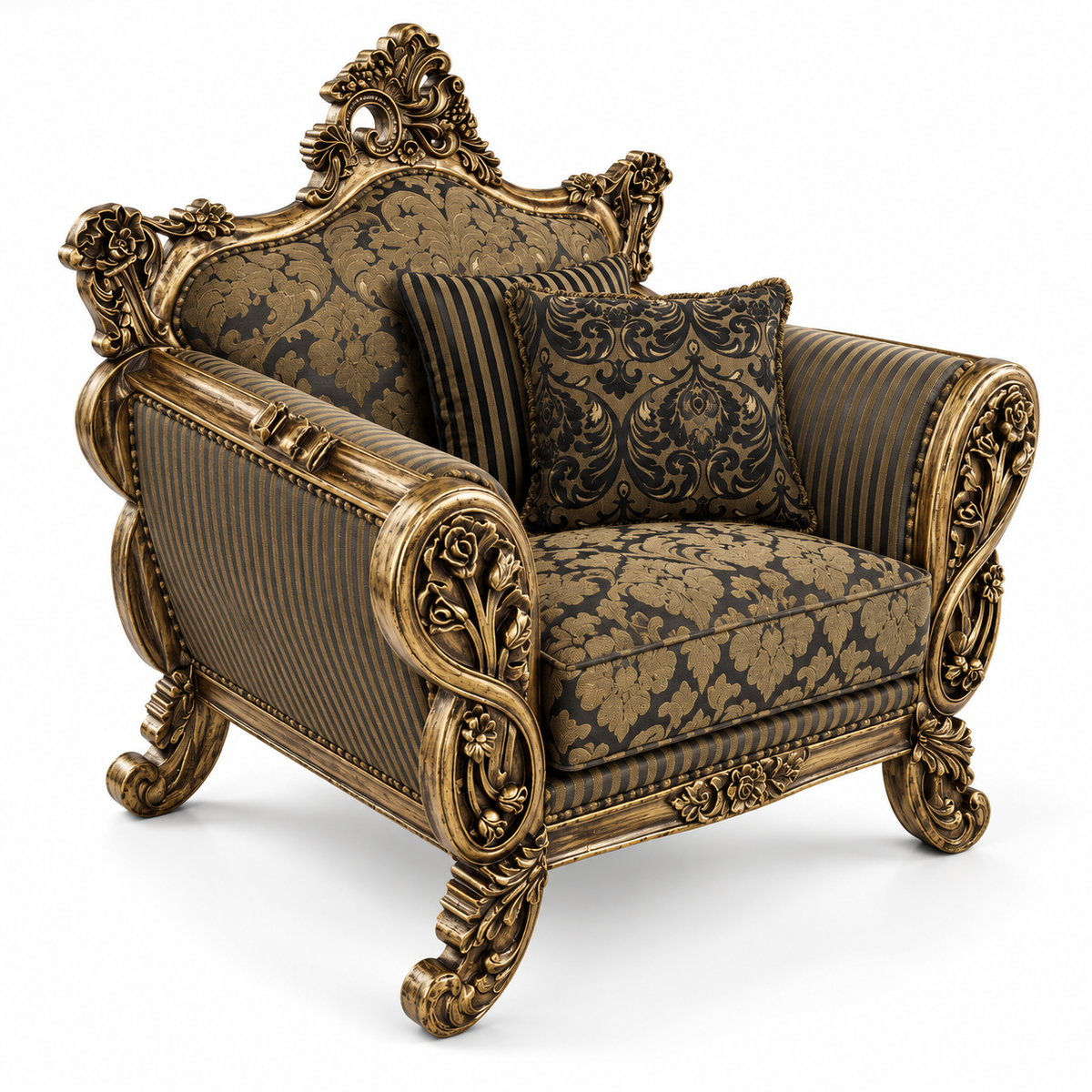 Babur Darbar 1 Seater – Golden Antique – Charcoal / Gold