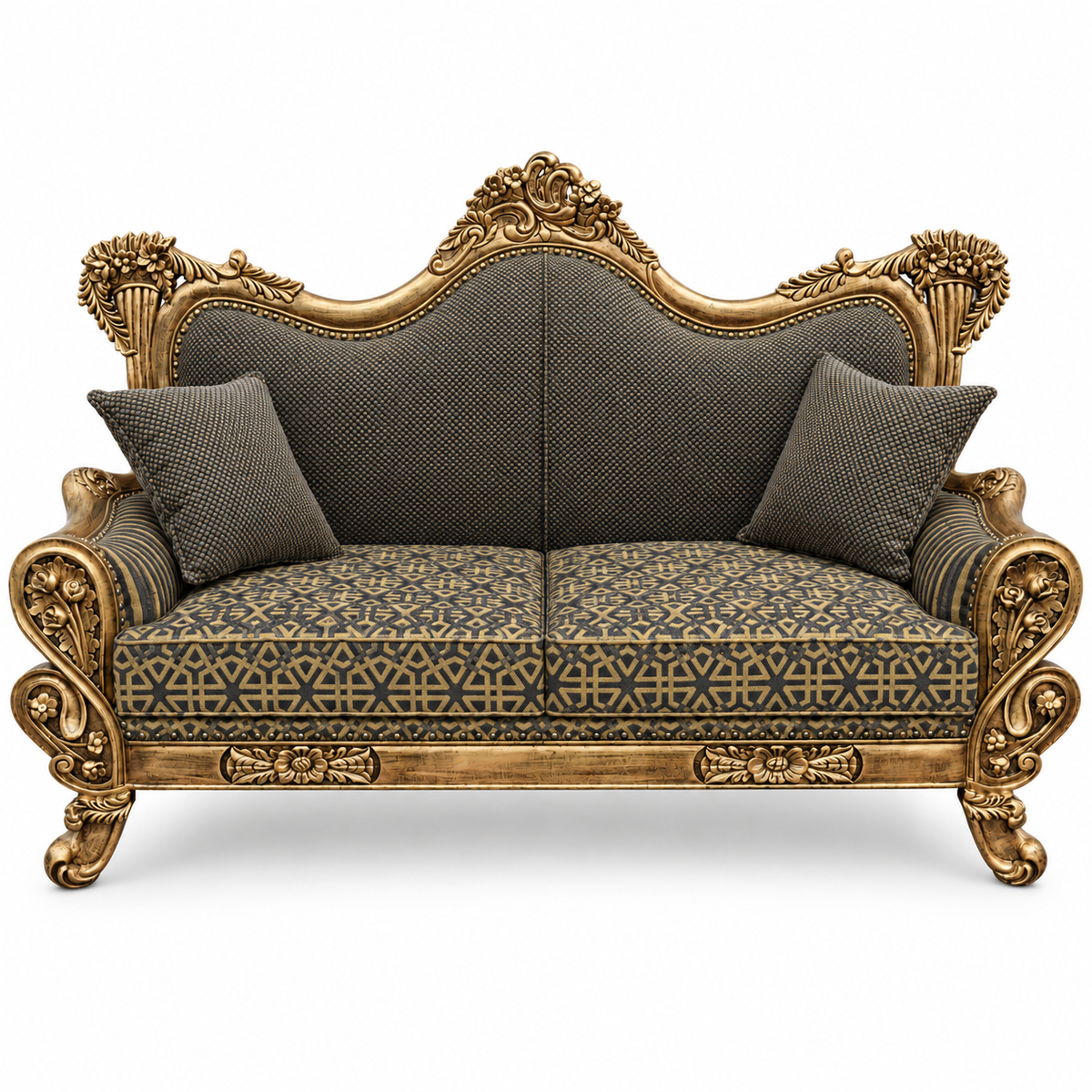 Babur Darbar 2 Seater – Golden Antique – Charcoal / Gold