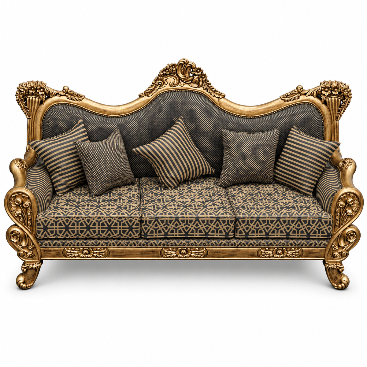 Babur Darbar 3 Seater – Golden Antique – Charcoal / Gold