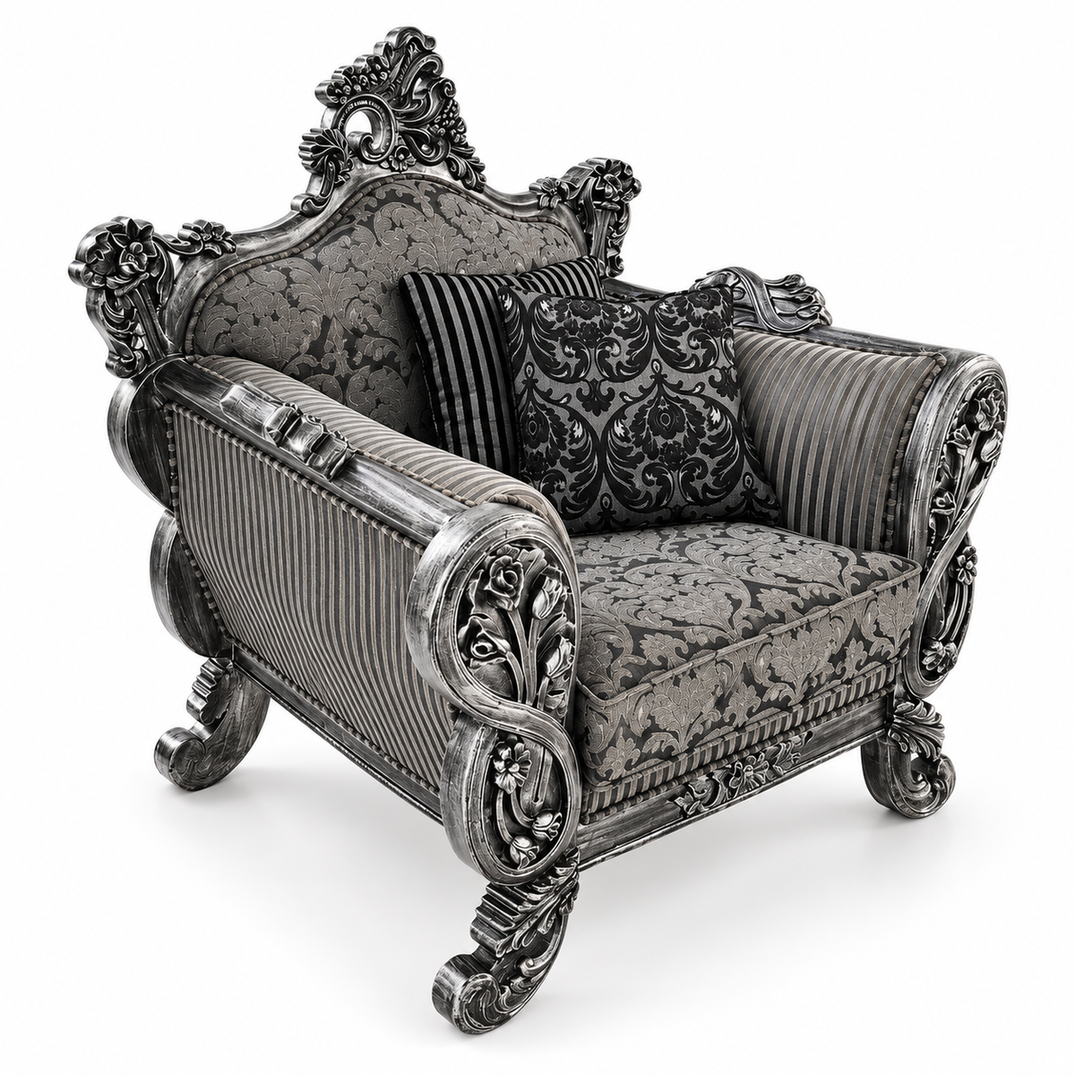 Babur Darbar 1 Seater – Silver Antique – Charcoal / Silver