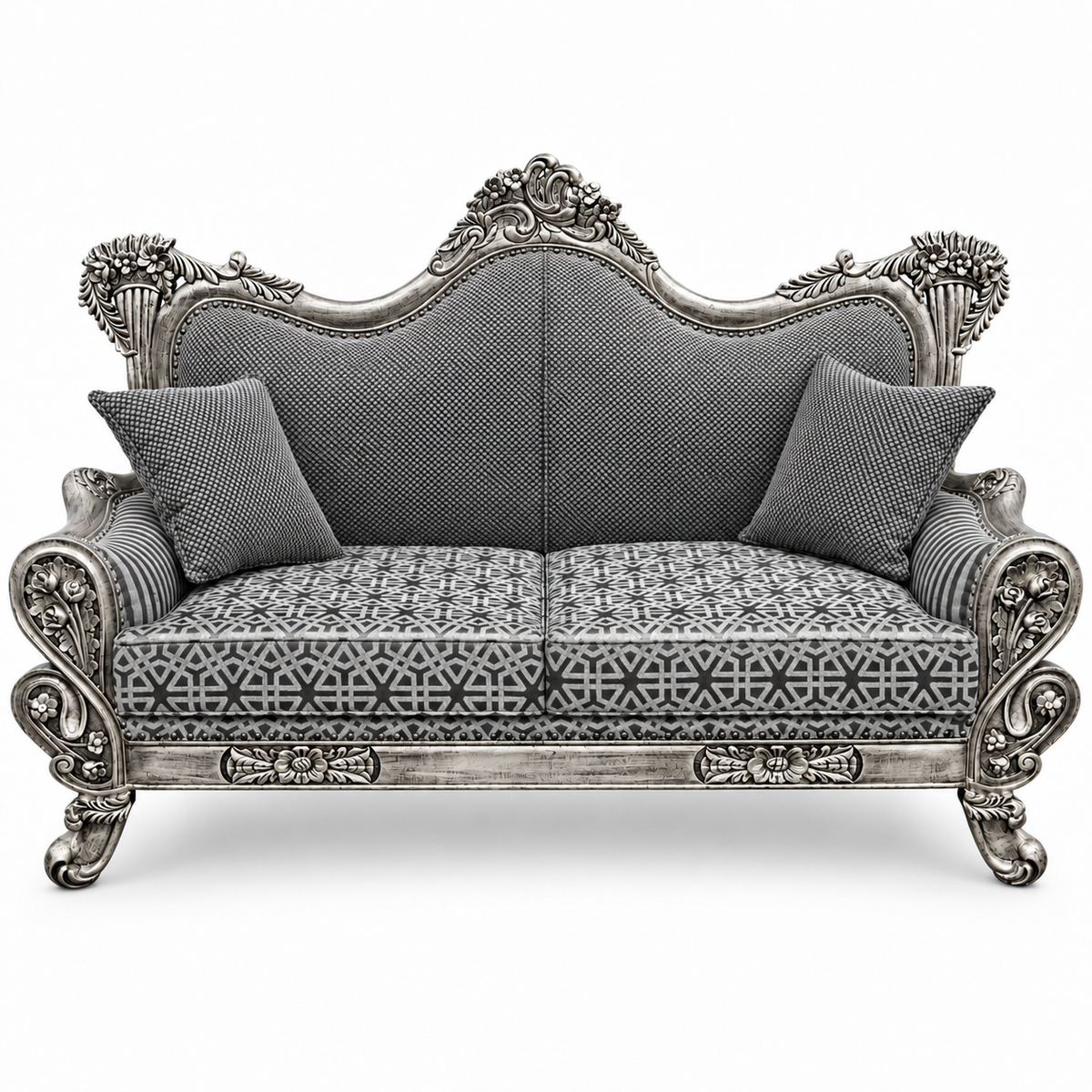 Babur Darbar 2 Seater – Silver Antique – Charcoal / Silver
