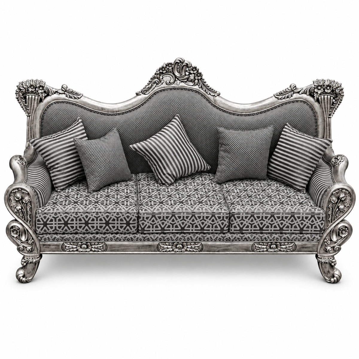 Babur Darbar 3 Seater – Silver Antique – Charcoal / Silver