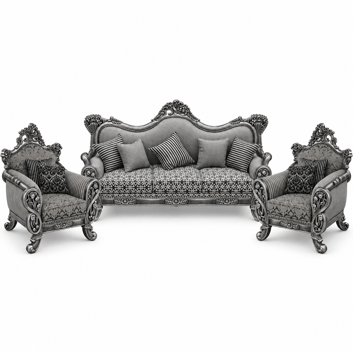 Babur Darbar 3+1+1 Bundle – Silver Antique – Charcoal / Silver
