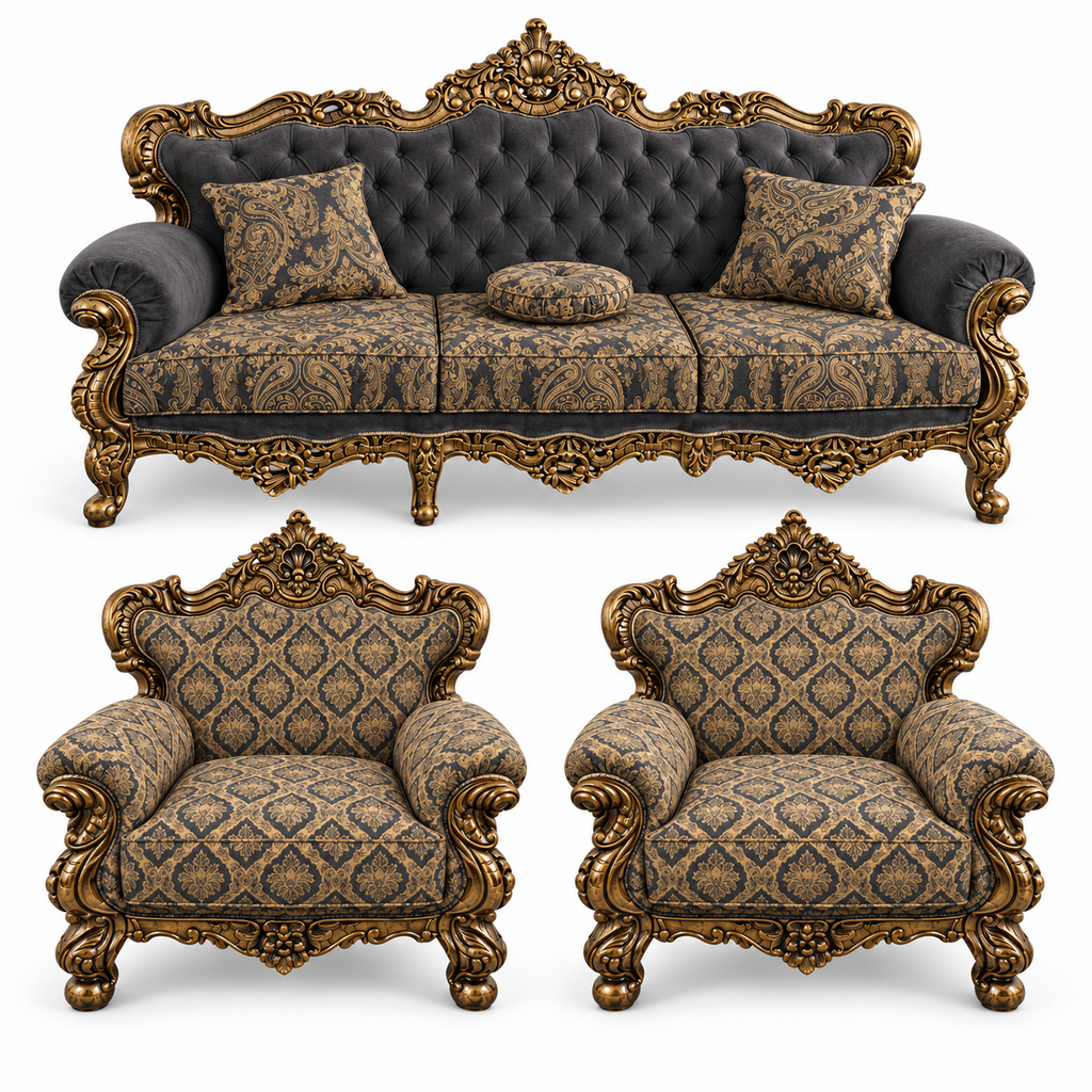 France Royal 3+1+1 bundle — one three-seater and two armchairs — Golden Antique — Charcoal / Gold fabric