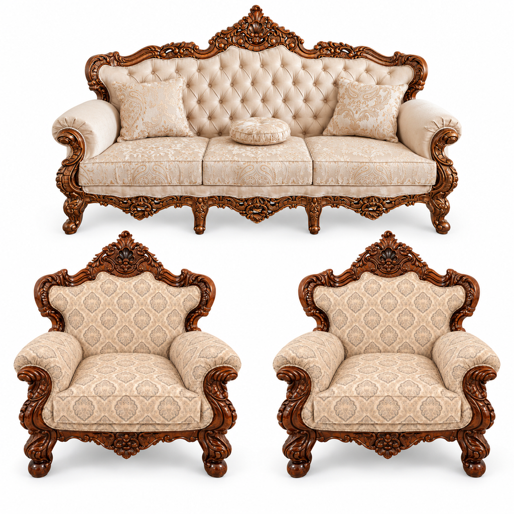 France Royal 3+1+1 bundle — one three-seater and two armchairs — Natural Double Tone — Warm Beige / Champagne fabric