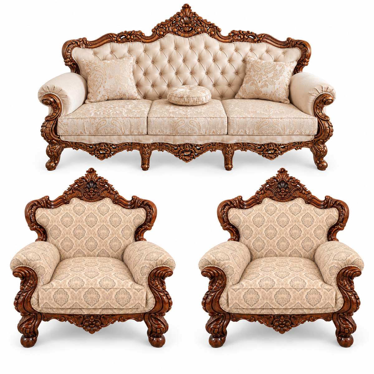 France Royal 3+1+1 bundle — one three-seater and two armchairs — Natural Double Tone — Warm Beige / Champagne fabric