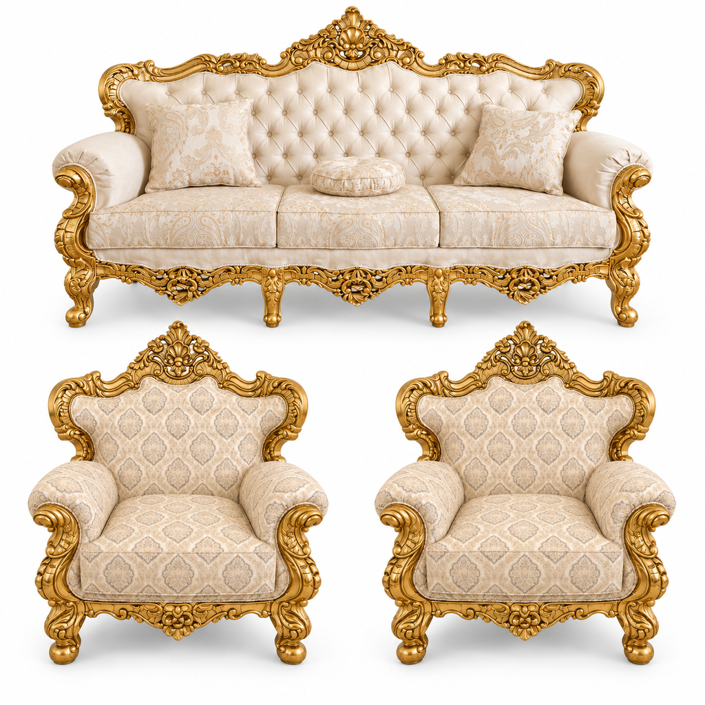 France Royal 3+1+1 bundle — one three-seater and two armchairs — Pure Gold — Ivory / Champagne fabric