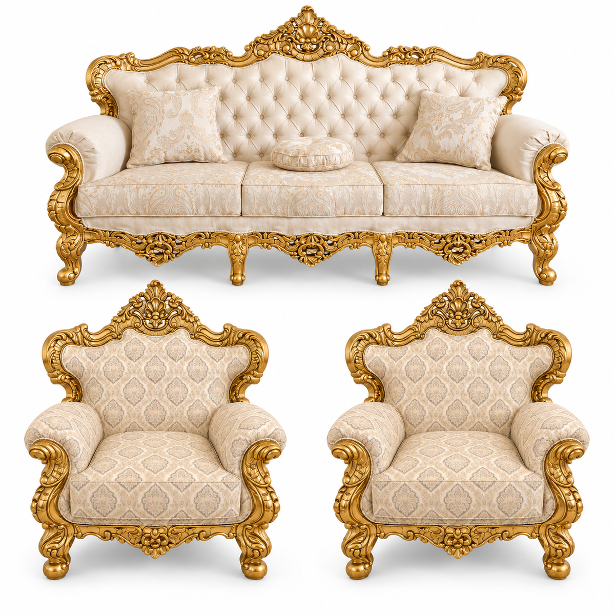 France Royal 3+1+1 bundle — one three-seater and two armchairs — Pure Gold — Ivory / Champagne fabric