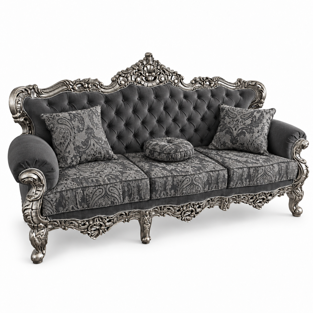 France Royal 3 seater — Silver Antique — Charcoal / Silver fabric