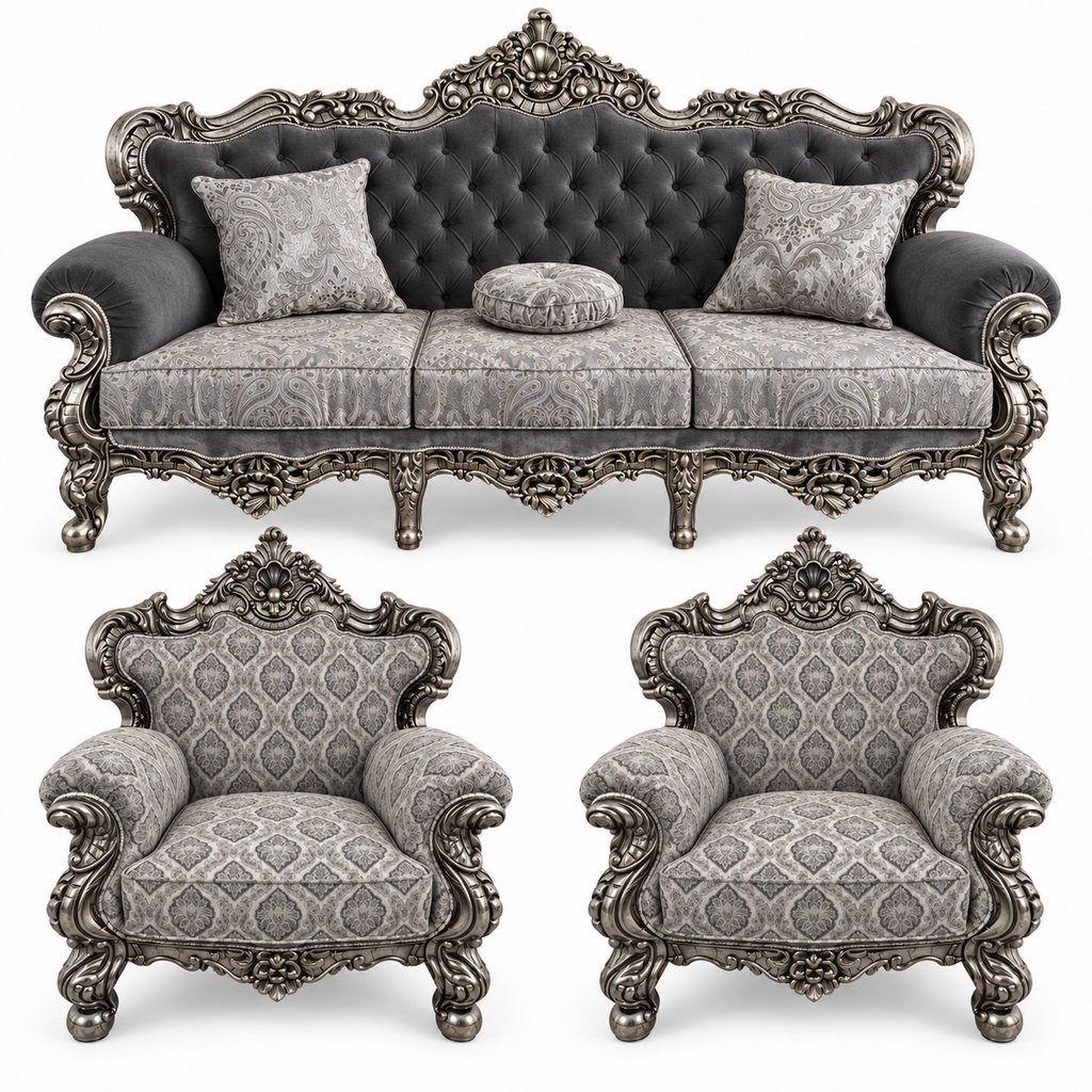 France Royal 3+1+1 bundle — one three-seater and two armchairs — Silver Antique — Charcoal / Silver fabric