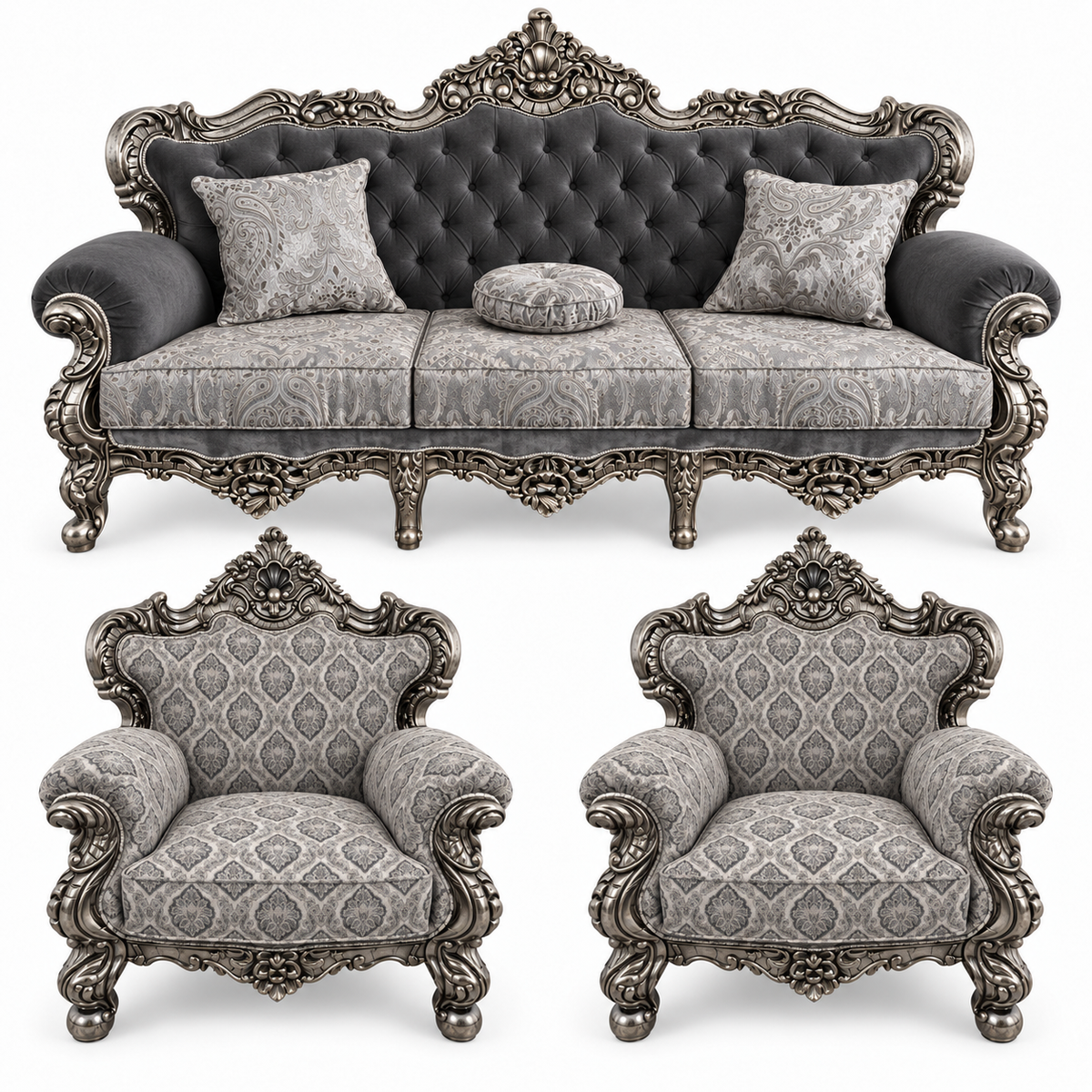 France Royal 3+1+1 bundle — one three-seater and two armchairs — Silver Antique — Charcoal / Silver fabric
