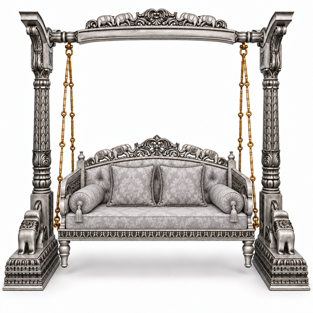 HATTI 3 Seater Jhoola – Silver Antique – matching cushion set