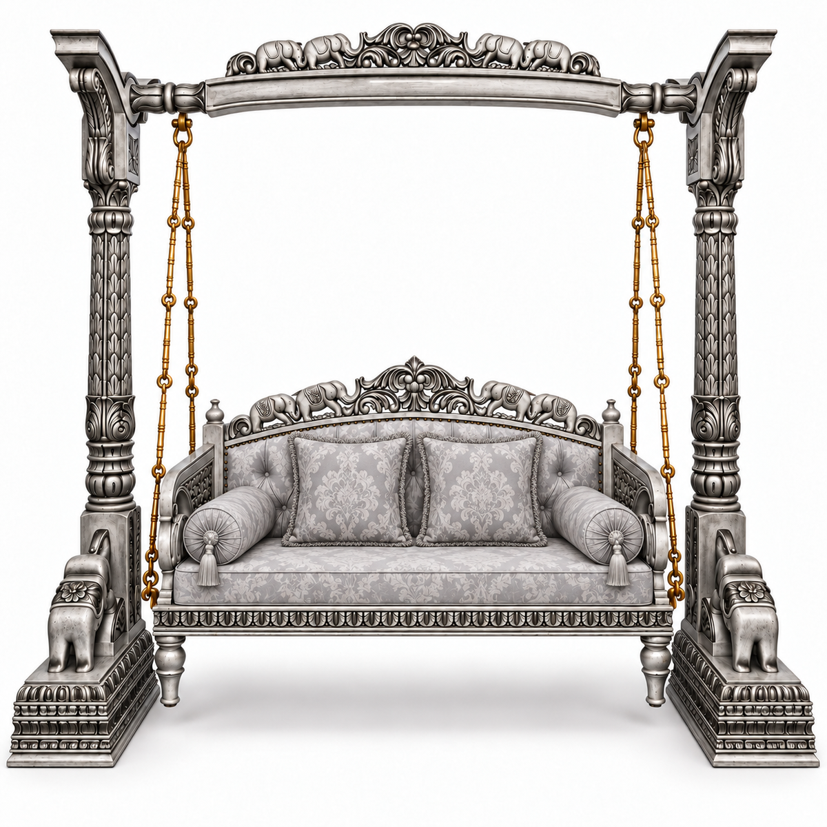 HATTI 3 Seater Jhoola – Silver Antique – matching cushion set