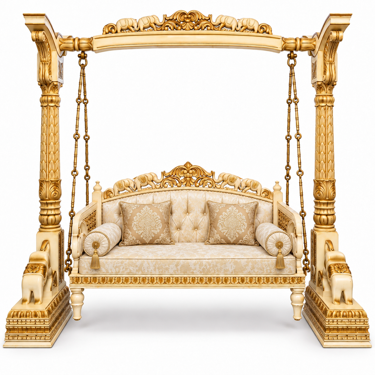 HATTI 3 Seater Jhoola – White Gold – matching cushion set