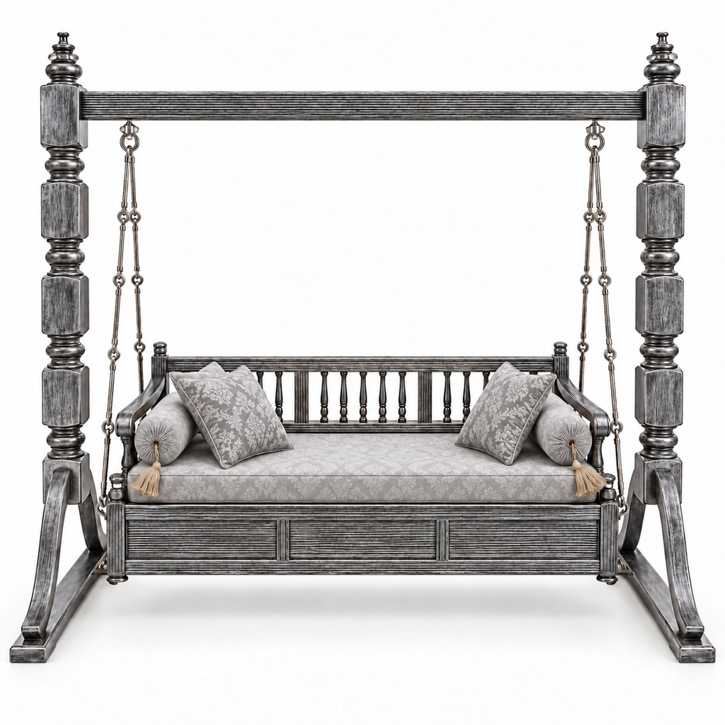 PLAIN 3 Seater Jhoola – Silver Antique – matching cushion set