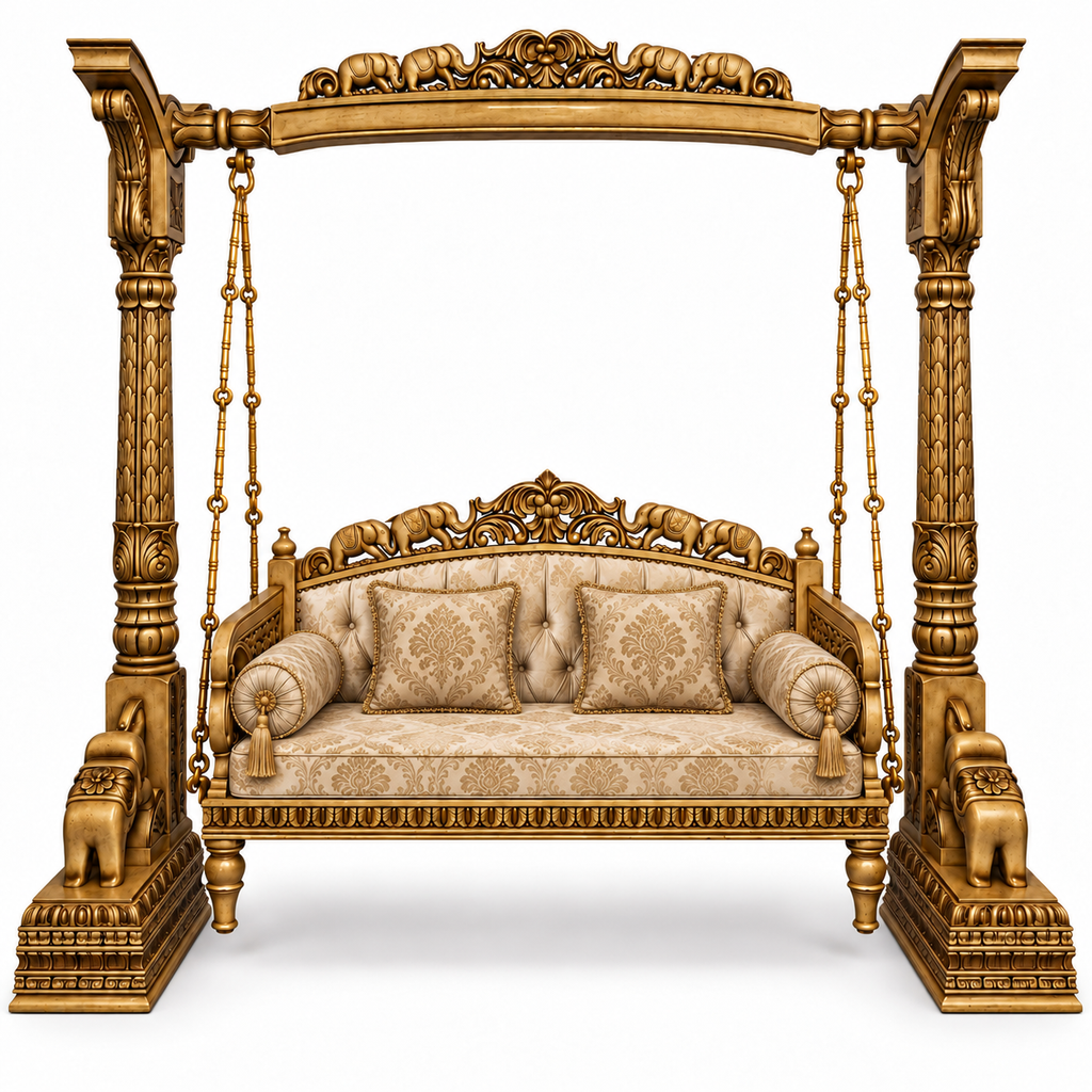 HATTI 3 Seater Jhoola – Golden Antique – matching cushion set