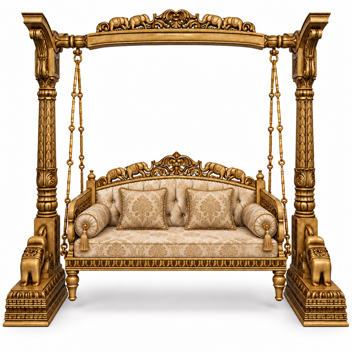 HATTI 3 Seater Jhoola – Golden Antique – matching cushion set