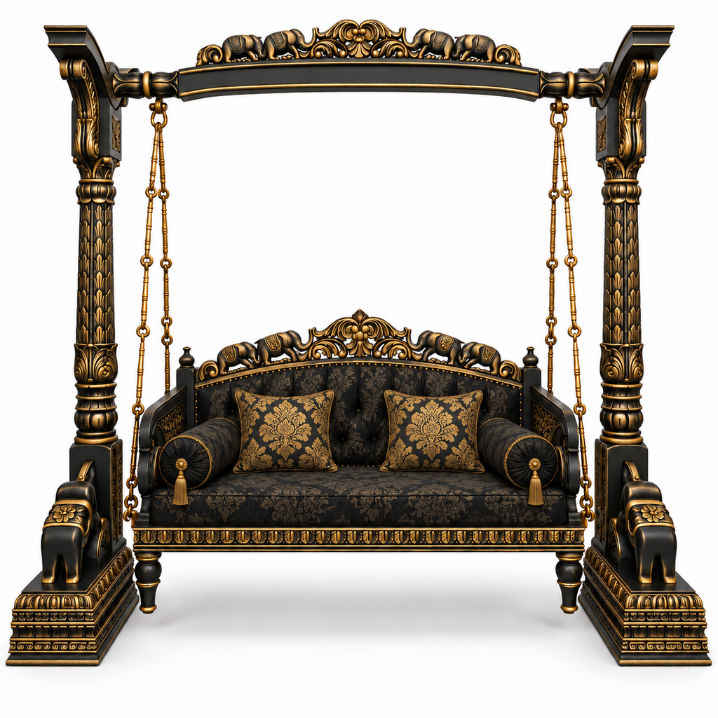 HATTI 3 Seater Jhoola – Black Gold – matching cushion set