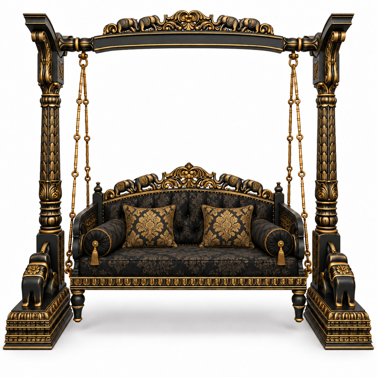 HATTI 3 Seater Jhoola – Black Gold – matching cushion set
