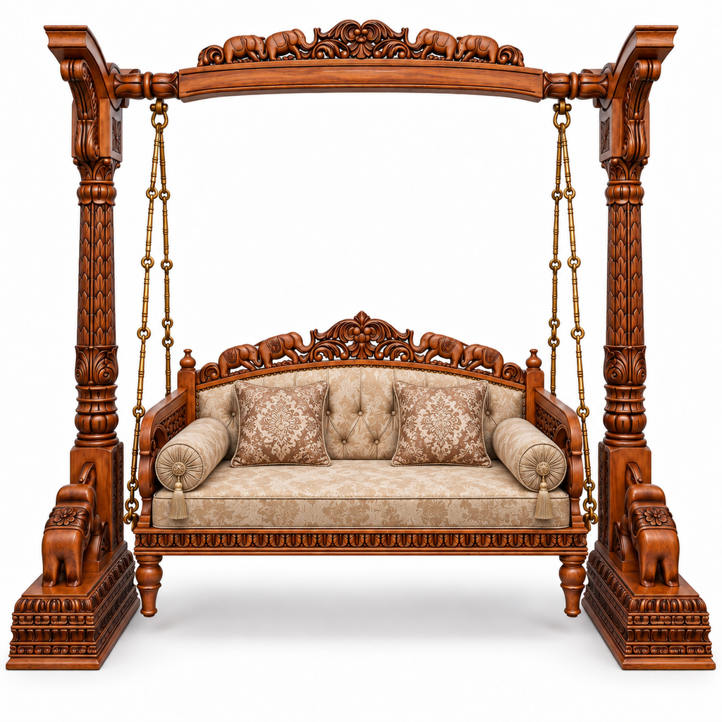 HATTI 3 Seater Jhoola – Natural Double Tone – matching cushion set