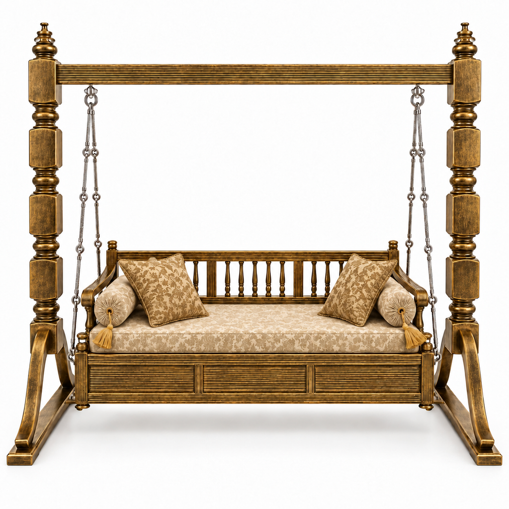 PLAIN 3 Seater Jhoola – Golden Antique – matching cushion set