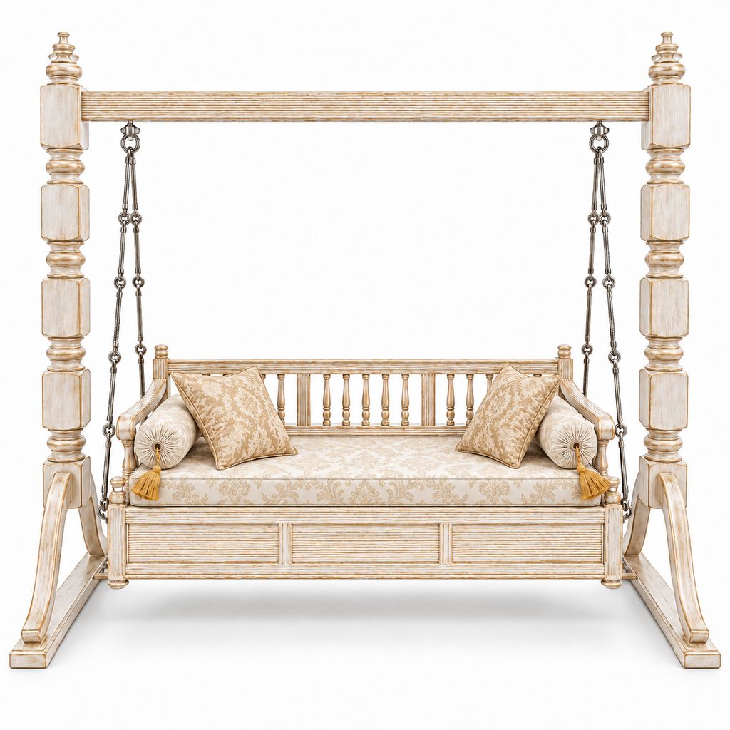 PLAIN 3 Seater Jhoola – White Gold – matching cushion set