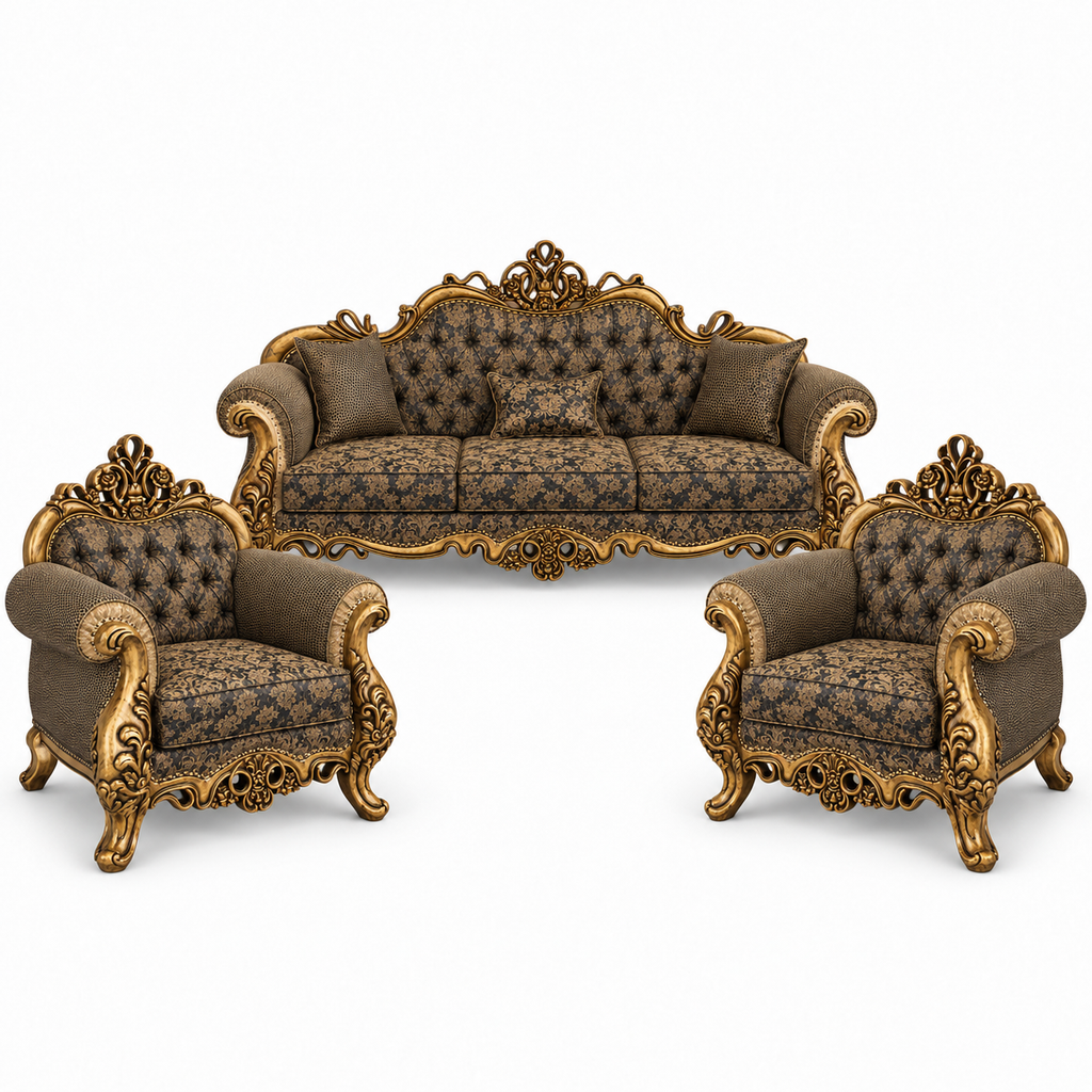 Malik 3+1+1 bundle — Golden Antique — one 3 seater and two armchairs — Charcoal / Gold fabric