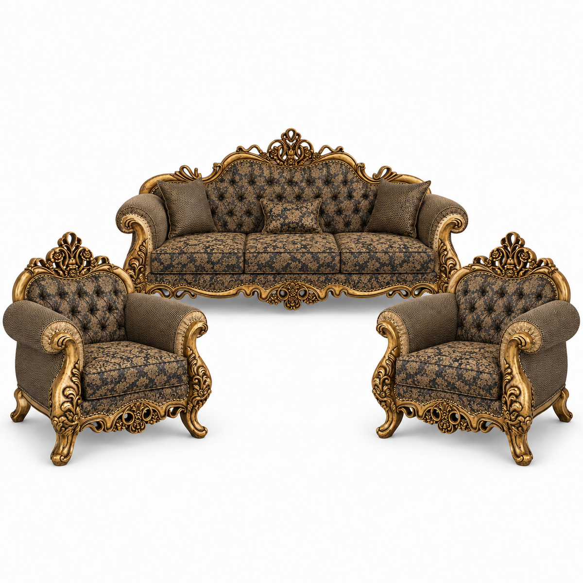 Malik 3+1+1 bundle — Golden Antique — one 3 seater and two armchairs — Charcoal / Gold fabric
