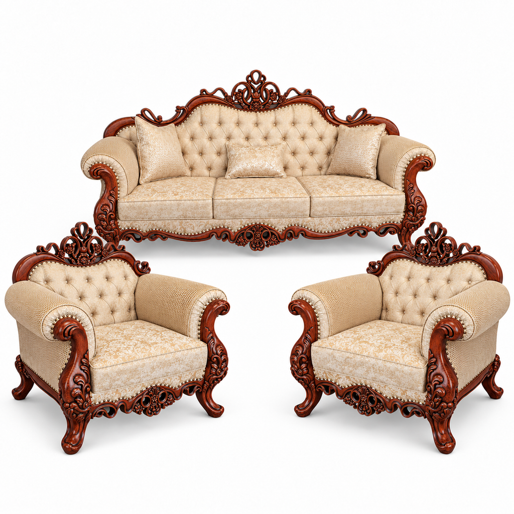 Malik 3+1+1 bundle — Natural Double Tone — one 3 seater and two armchairs — Warm Beige / Champagne fabric