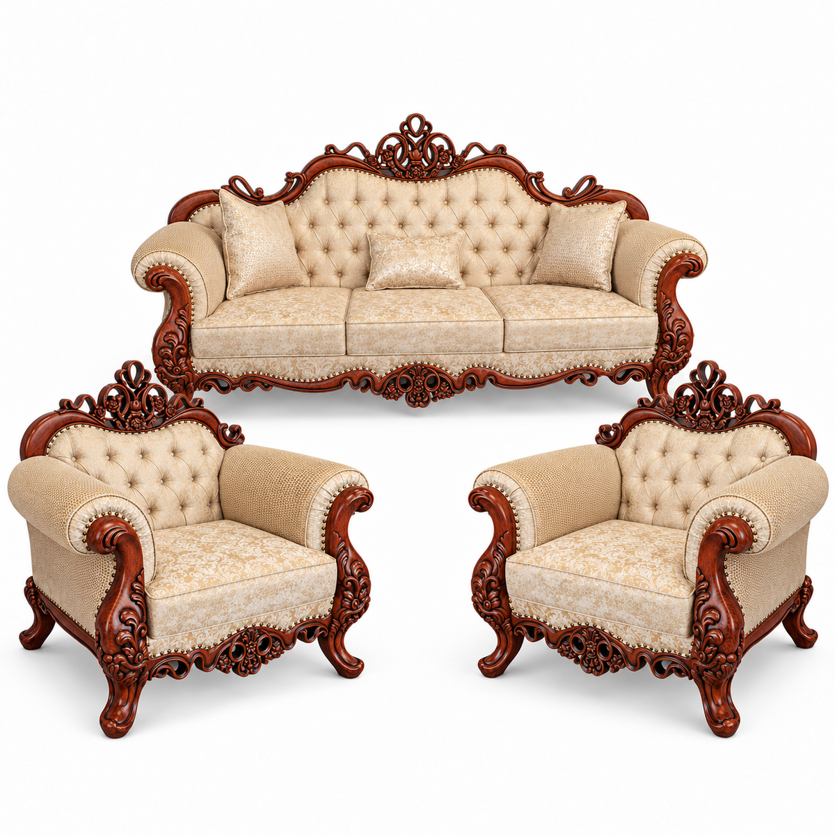 Malik 3+1+1 bundle — Natural Double Tone — one 3 seater and two armchairs — Warm Beige / Champagne fabric