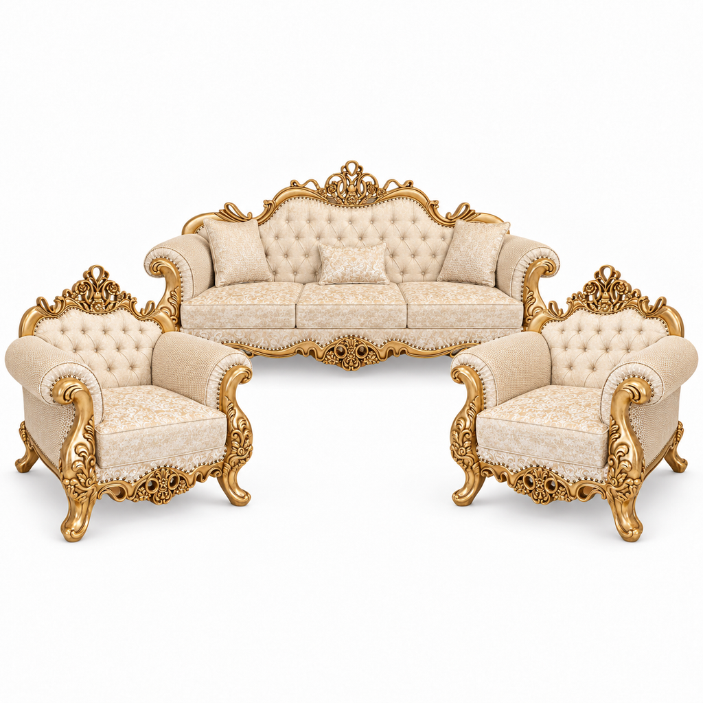 Malik 3+1+1 bundle — Pure Gold — one 3 seater and two armchairs — Ivory / Champagne fabric