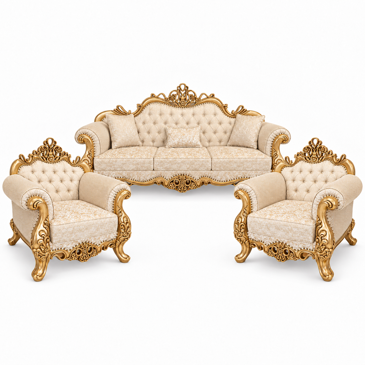 Malik 3+1+1 bundle — Pure Gold — one 3 seater and two armchairs — Ivory / Champagne fabric