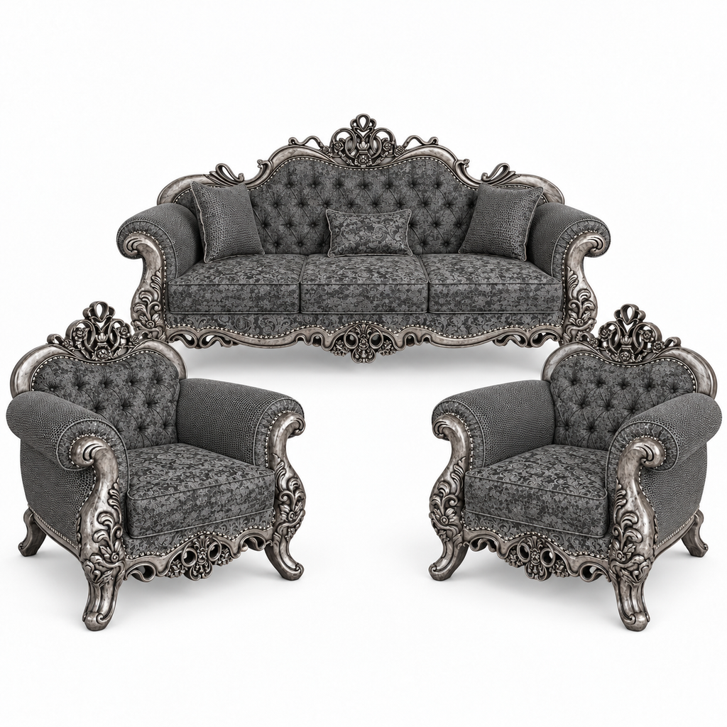 Malik 3+1+1 bundle — Silver Antique — one 3 seater and two armchairs — Charcoal / Silver fabric