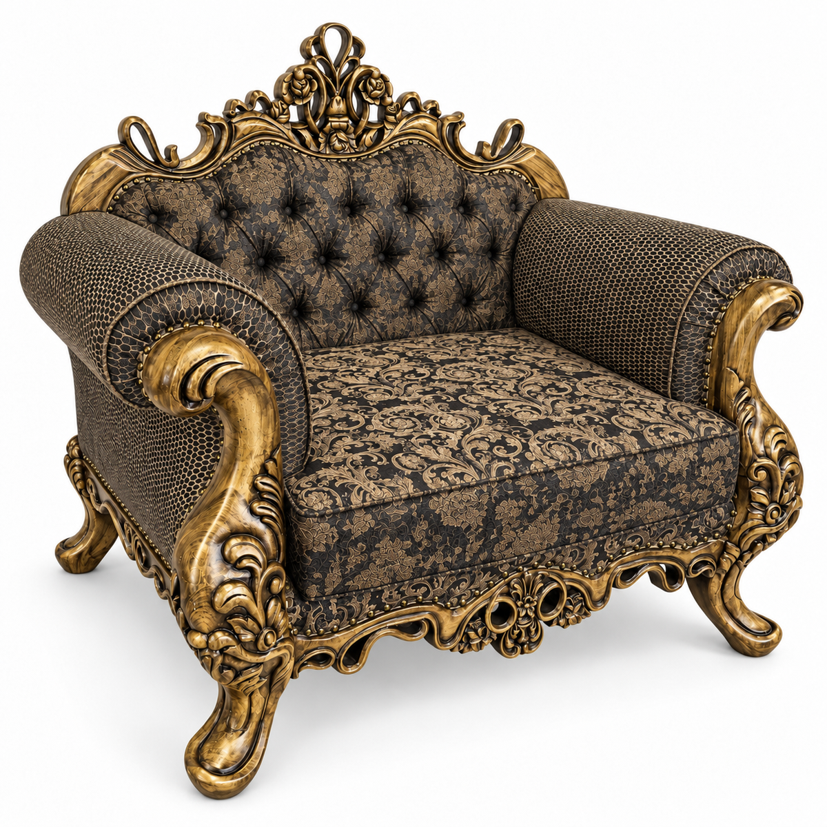 Malik 1 seater — Golden Antique — Charcoal / Gold patterned fabric